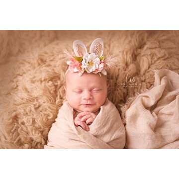 Girls Spring Bunny Ears Headband Birthday Flower Crown Woodland Floral Head Piece for Toddler (Lace Ears)