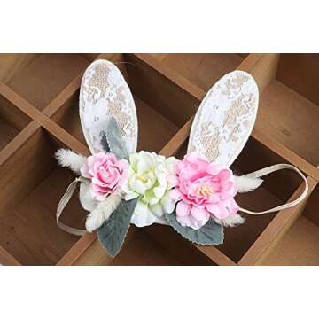 Girls Spring Bunny Ears Headband Birthday Flower Crown Woodland Floral Head Piece for Toddler (Lace Ears)