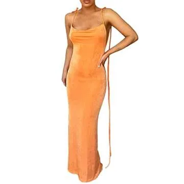 JUMISEE Women Sexy Backless Draped Maxi Dress Elegant Sleeveless Spaghetti Strap Evening Dress Long Club Party Beach Dress Orange