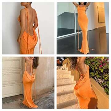 JUMISEE Women Sexy Backless Draped Maxi Dress Elegant Sleeveless Spaghetti Strap Evening Dress Long Club Party Beach Dress Orange