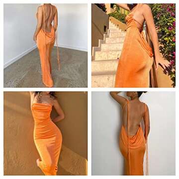 JUMISEE Women Sexy Backless Draped Maxi Dress Elegant Sleeveless Spaghetti Strap Evening Dress Long Club Party Beach Dress Orange