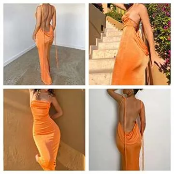 JUMISEE Women Sexy Backless Draped Maxi Dress Elegant Sleeveless Spaghetti Strap Evening Dress Long Club Party Beach Dress Orange