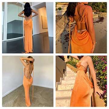 JUMISEE Women Sexy Backless Draped Maxi Dress Elegant Sleeveless Spaghetti Strap Evening Dress Long Club Party Beach Dress Orange