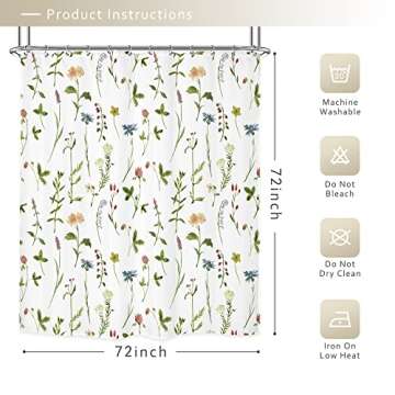 Riyidecor Botanical Shower Curtain for Bathdroom 72Wx72H Inch Watercolor Wildflower Shower Curtains Floral Leaves Plant Flower Girl Bathroom Accessories Women Fabric Waterproof 12 Plastic Shower Hooks