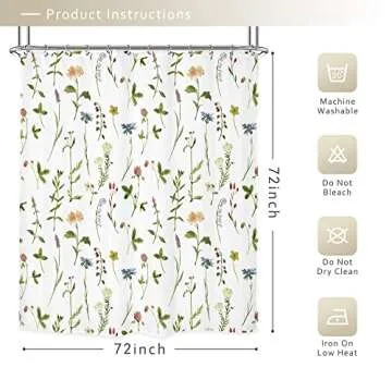 Riyidecor Botanical Shower Curtain for Bathdroom 72Wx72H Inch Watercolor Wildflower Shower Curtains Floral Leaves Plant Flower Girl Bathroom Accessories Women Fabric Waterproof 12 Plastic Shower Hooks