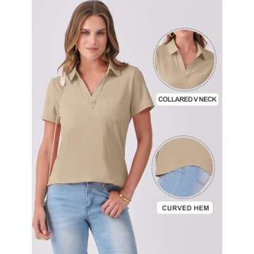 ANRABESS Womens V Neck Polo Shirts Short Sleeve Collared Dressy Casual Blouse Tops 2025 Summer Work Business Outfits Khaki Large