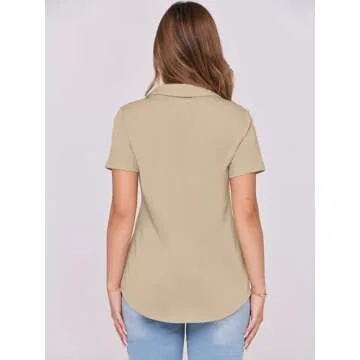 ANRABESS Womens V Neck Polo Shirts Short Sleeve Collared Dressy Casual Blouse Tops 2025 Summer Work Business Outfits Khaki Large