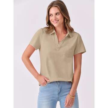 ANRABESS Womens V Neck Polo Shirts Short Sleeve Collared Dressy Casual Blouse Tops 2025 Summer Work Business Outfits Khaki Large