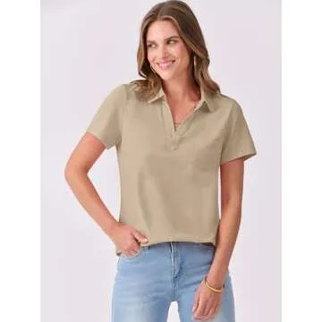 ANRABESS Womens V Neck Polo Shirts Short Sleeve Collared Dressy Casual Blouse Tops 2025 Summer Work Business Outfits Khaki Large