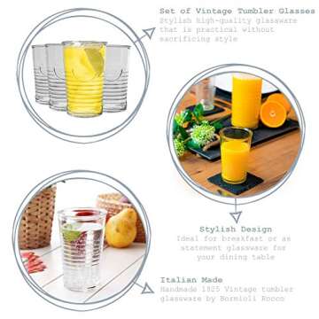 Bormioli Rocco Officina Water Glasses – Set Of 4 Clear Drinking Tumblers With Textured Ring Design & Vintage Stamp Logo – 11oz High Capacity Tall Cups For Soda, Juice, Milk, Coke, Beer, Spirits