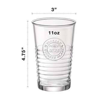 Bormioli Rocco Officina Water Glasses – Set Of 4 Clear Drinking Tumblers With Textured Ring Design & Vintage Stamp Logo – 11oz High Capacity Tall Cups For Soda, Juice, Milk, Coke, Beer, Spirits