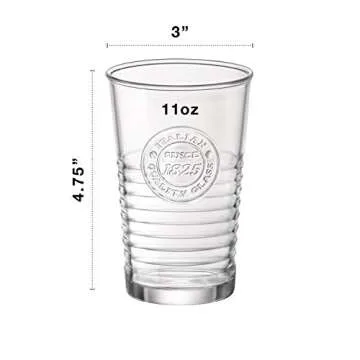 Bormioli Rocco Officina Water Glasses – Set Of 4 Clear Drinking Tumblers With Textured Ring Design & Vintage Stamp Logo – 11oz High Capacity Tall Cups For Soda, Juice, Milk, Coke, Beer, Spirits