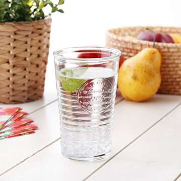 Bormioli Rocco Officina Water Glasses – Set Of 4 Clear Drinking Tumblers With Textured Ring Design & Vintage Stamp Logo – 11oz High Capacity Tall Cups For Soda, Juice, Milk, Coke, Beer, Spirits