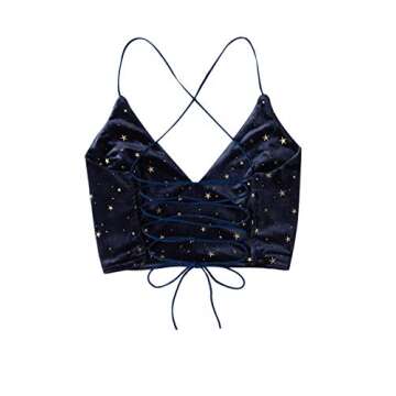 Verdusa Women's Velvet Galaxy Print Crisscross Back Spaghetti Strap Crop Cami Top Navy M