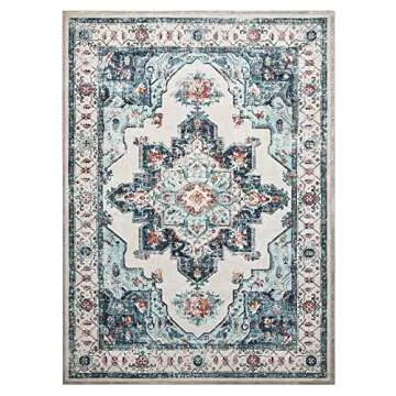 Area Rug Living Room Rugs: 5x7 Washable Large Carpet Boho Oriental Distressed Bohemian Non-Slip Area Rugs for Dining Room Farmhouse Bedroom Office Home Decor Cream/Blue Rug Carpet