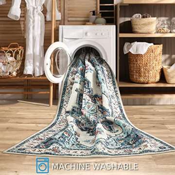 Area Rug Living Room Rugs: 5x7 Washable Large Carpet Boho Oriental Distressed Bohemian Non-Slip Area Rugs for Dining Room Farmhouse Bedroom Office Home Decor Cream/Blue Rug Carpet