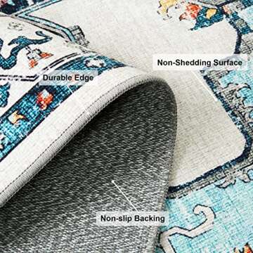 Area Rug Living Room Rugs: 5x7 Washable Large Carpet Boho Oriental Distressed Bohemian Non-Slip Area Rugs for Dining Room Farmhouse Bedroom Office Home Decor Cream/Blue Rug Carpet