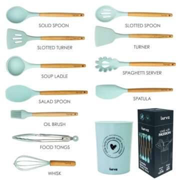 Kitchen Cooking Utensils Set, Silicone Kitchen Utensils Set, Silicone Cooking Utensils set, Lurvz 12 Pc Silicone Spatula Set with Holder