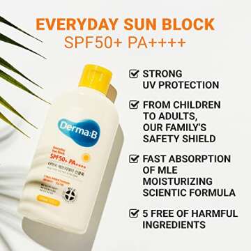 Derma B Everyday Sun Block Large Size Sunscreen SPF50+ PA++++ 6.71 Fl Oz, 200ml Fast-Absorbing Lightweight SPF Moisturizer, Facial Body Non-Sticky for Dewy Skin, Korean Protection Lotion