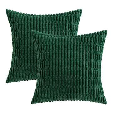 MIULEE Pack of 2 Dark Green Corduroy Decorative Pillow Covers 18x18 Inch Soft Boho Striped Throw Pillow Covers Modern Farmhouse Home Decor for Sofa Living Room Couch Bed