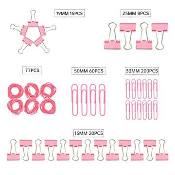 DANRONG Pink Binder Clips Paper Clips,380 PCS Assorted Sizes Paperclips Paper Clamps Rubber Bands for Files, Papers, Home Supplies (Pink)