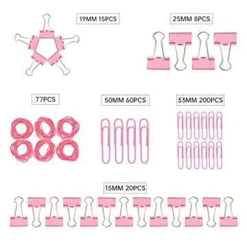 DANRONG Pink Binder Clips Paper Clips,380 PCS Assorted Sizes Paperclips Paper Clamps Rubber Bands for Files, Papers, Home Supplies (Pink)