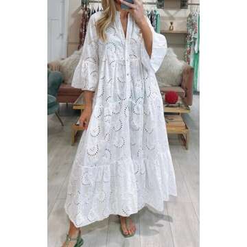 CHARTOU Women Cotton Eyelet Maxi Dress - Embroidered Flowy Boho Lace Dress