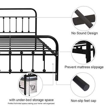 NACHTIMOOR Full Platform Metal Bed Frame with Headboard and Footboard,Vintage Victorian Style Mattress Foundation, No Box Spring Required, Under Bed Storage (Full, Black)