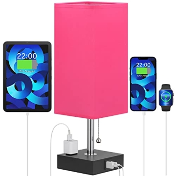 Bedside Lamp with USB Port and Outlet - Table Lamp with USB C + A Charging Port & AC Outlet for Bedr...