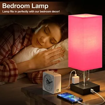 Bedside Lamp with USB Port and Outlet - Table Lamp with USB C + A Charging Port & AC Outlet for Bedroom, Small Nightstand Light for Dresser, Grey Desk Lamp with Type C for Living Room Guest(Red)