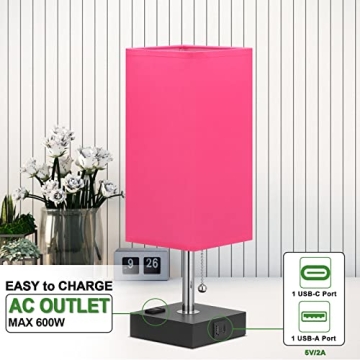 Bedside Lamp with USB Port and Outlet - Table Lamp with USB C + A Charging Port & AC Outlet for Bedroom, Small Nightstand Light for Dresser, Grey Desk Lamp with Type C for Living Room Guest(Red)