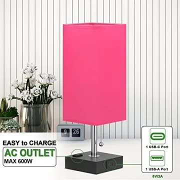 Bedside Lamp with USB Port and Outlet - Table Lamp with USB C + A Charging Port & AC Outlet for Bedroom, Small Nightstand Light for Dresser, Grey Desk Lamp with Type C for Living Room Guest(Red)