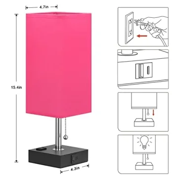 Bedside Lamp with USB Port and Outlet - Table Lamp with USB C + A Charging Port & AC Outlet for Bedroom, Small Nightstand Light for Dresser, Grey Desk Lamp with Type C for Living Room Guest(Red)