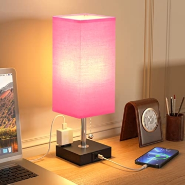 Bedside Lamp with USB Port and Outlet - Table Lamp with USB C + A Charging Port & AC Outlet for Bedroom, Small Nightstand Light for Dresser, Grey Desk Lamp with Type C for Living Room Guest(Red)