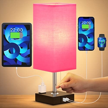 Bedside Lamp with USB Port and Outlet - Table Lamp with USB C + A Charging Port & AC Outlet for Bedroom, Small Nightstand Light for Dresser, Grey Desk Lamp with Type C for Living Room Guest(Red)