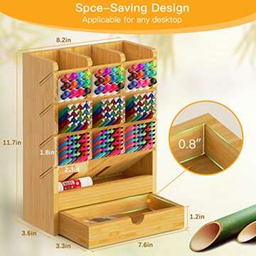 FURNINXS Bamboo Desk Organizer with 14 Drawers, Pen Holder Accessories for Pencil Marker, Wooden Des...