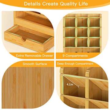 FURNINXS Bamboo Desk Organizer with 14 Drawers, Pen Holder Accessories for Pencil Marker, Wooden Desktop Stationary Organizer for Office Decor Art Supplies