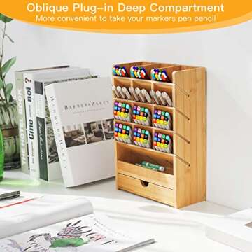 FURNINXS Bamboo Desk Organizer with 14 Drawers, Pen Holder Accessories for Pencil Marker, Wooden Desktop Stationary Organizer for Office Decor Art Supplies