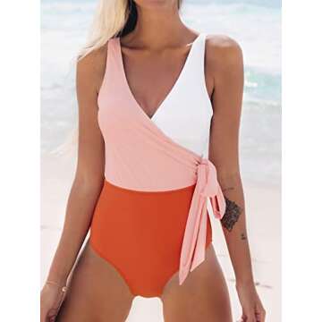 CUPSHE Women's Orange White Bowknot Bathing Suit Padded One Piece Swimsuit, L