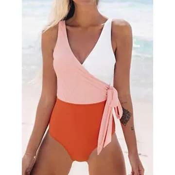 CUPSHE Women's Orange White Bowknot Bathing Suit Padded One Piece Swimsuit, L