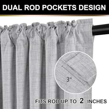 100% Blackout Shield Full Blackout Curtains for Bedroom 96 inch Length 2 Panels Set, Clip Rings/Rod Pocket Faux Linen Black Out Curtains for Living Room, Thermal Insulated, 50Wx96L, Grey