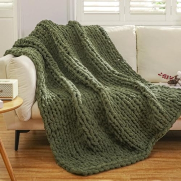 WESHIONGOO Chunky Knit Blanket Throw - 50" x 60" Handmade Olive Green Soft Throw Blanket with Jumbo ...