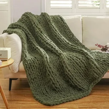 WESHIONGOO Chunky Knit Blanket Throw - 50" x 60" Handmade Olive Green Soft Throw Blanket with Jumbo ...