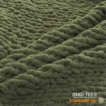 WESHIONGOO Chunky Knit Olive Green Blanket - Fluffy & Soft