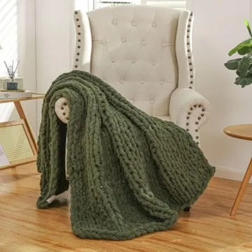 WESHIONGOO Chunky Knit Olive Green Blanket - Fluffy & Soft