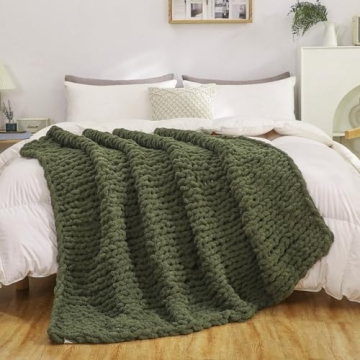 WESHIONGOO Chunky Knit Olive Green Blanket - Fluffy & Soft