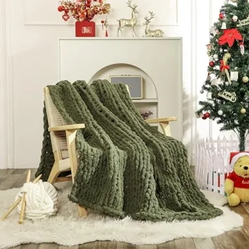 WESHIONGOO Chunky Knit Olive Green Blanket - Fluffy & Soft