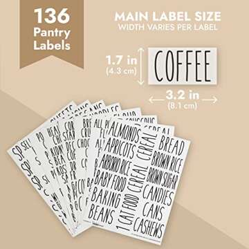 Talented Kitchen 136 Pantry Labels for Food Containers, Preprinted Clear Kitchen Food Labels for Organizing Storage Canisters & Jars, Black All Caps + Numbers Stickers (Water Resistant)