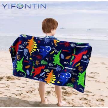 YIFONTIN Dinosaur-Print Sherpa Cotton Kids Beach Towel - Super Soft 48"x24" Quick-Dry Bath Pool Towel for Boys Girls, Jurassic Themed Swim Beach Essentials (Multi-Color Herd).