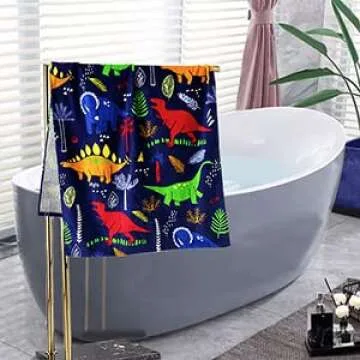 YIFONTIN Dinosaur-Print Sherpa Cotton Kids Beach Towel - Super Soft 48"x24" Quick-Dry Bath Pool Towel for Boys Girls, Jurassic Themed Swim Beach Essentials (Multi-Color Herd).